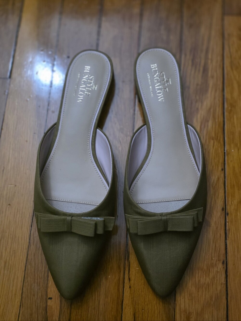 Antonio Melani Olive Green Pointed Toe Bow Mule